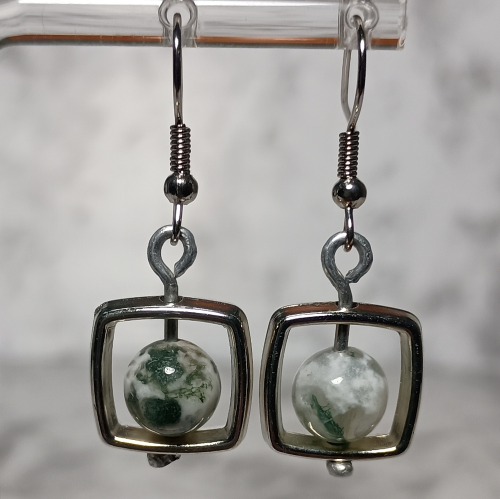 Silver and Green Square Frame Earrings